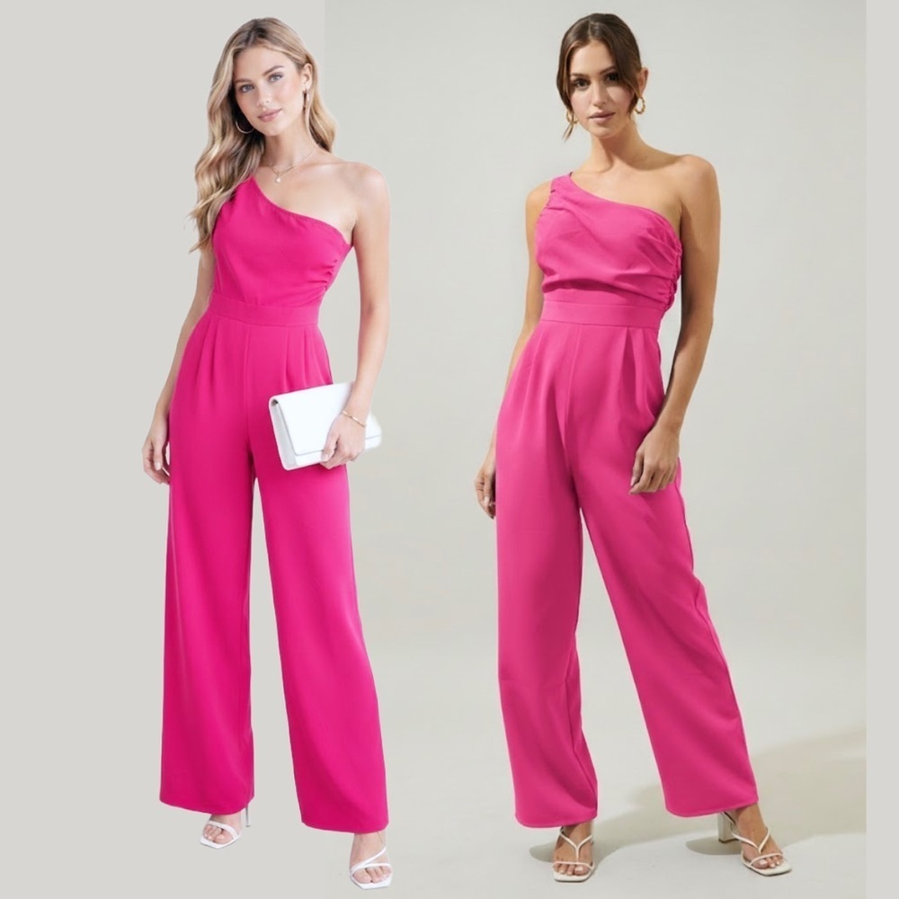Hot Pink One Shoulder Jumpsuit Bootcut Ruched Romantic Love Barbiecore Girly S
